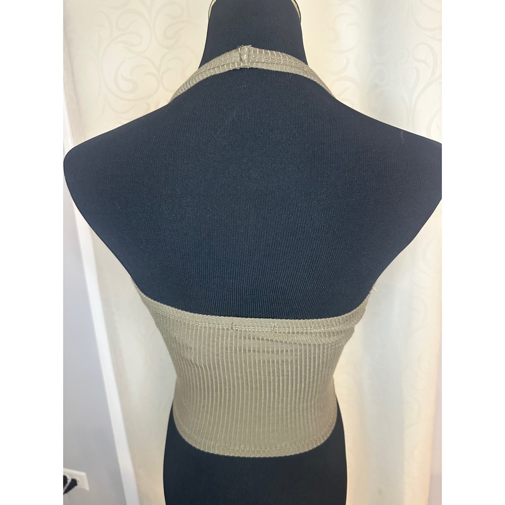 BOZZOLO Ribbed‎ Halter Crop Top Women Small Khaki Basic Essential